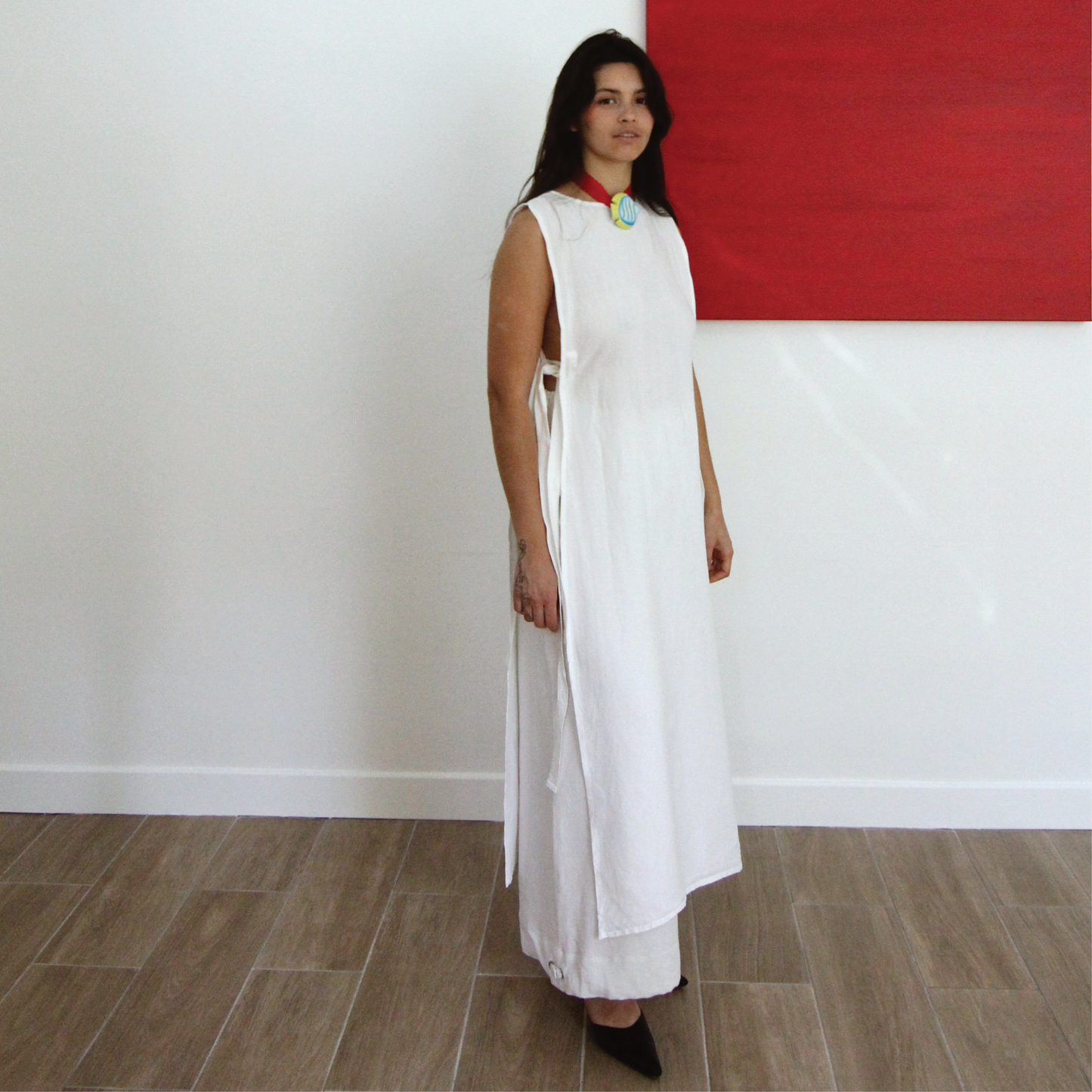ROBE TABLIER LIN BLANC